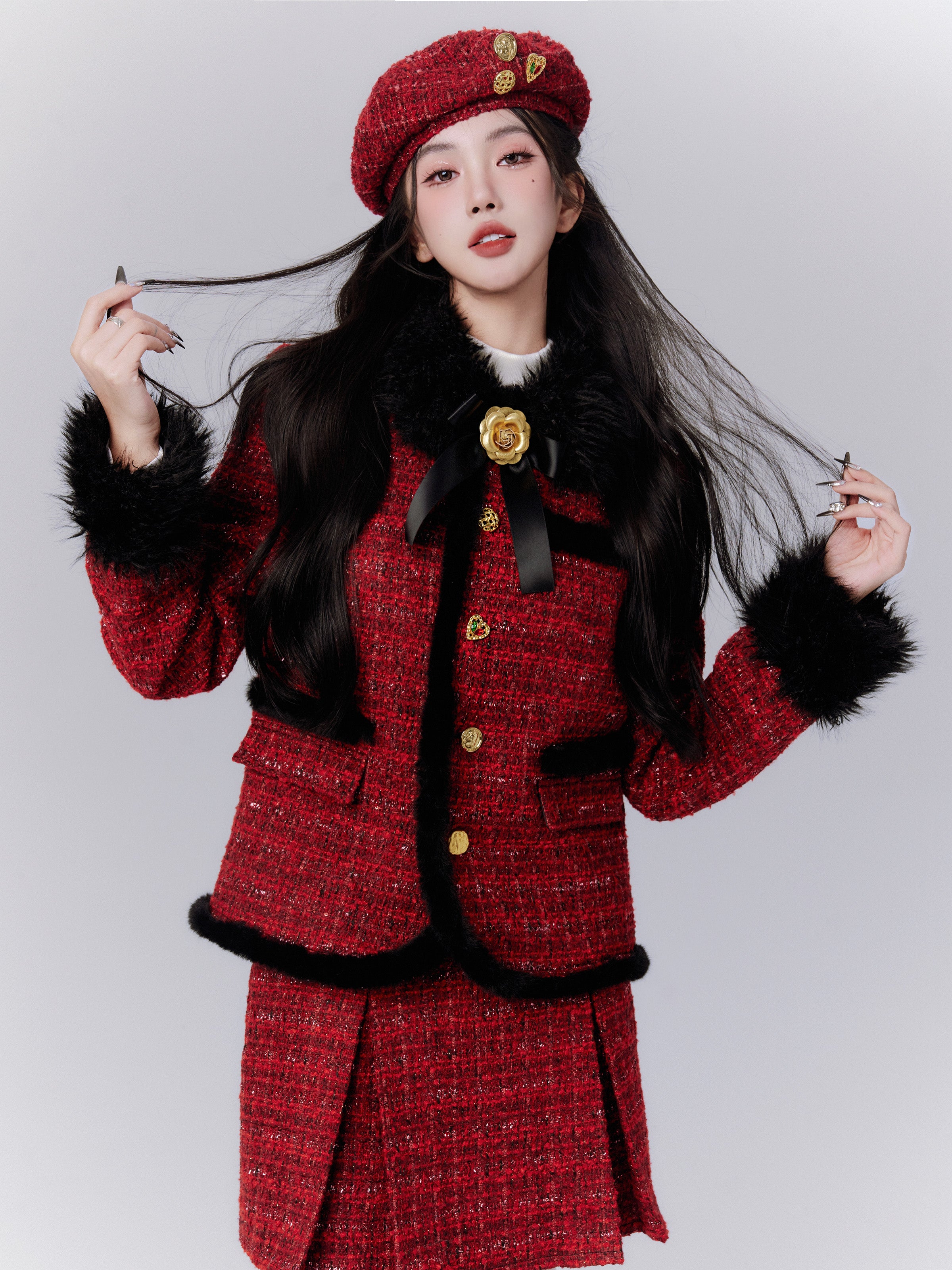 Wool Checked Retro Girly Suit Fur Ribbon Set-Up Jacket＆Mini-Skirt