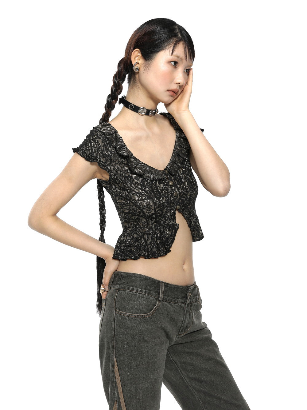 Retro Frill Cropped EMBROIDERY TOPS