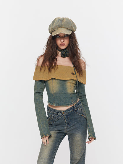 Faded Wrap Denim Off-Shoulder Vintage Tops＆Pants