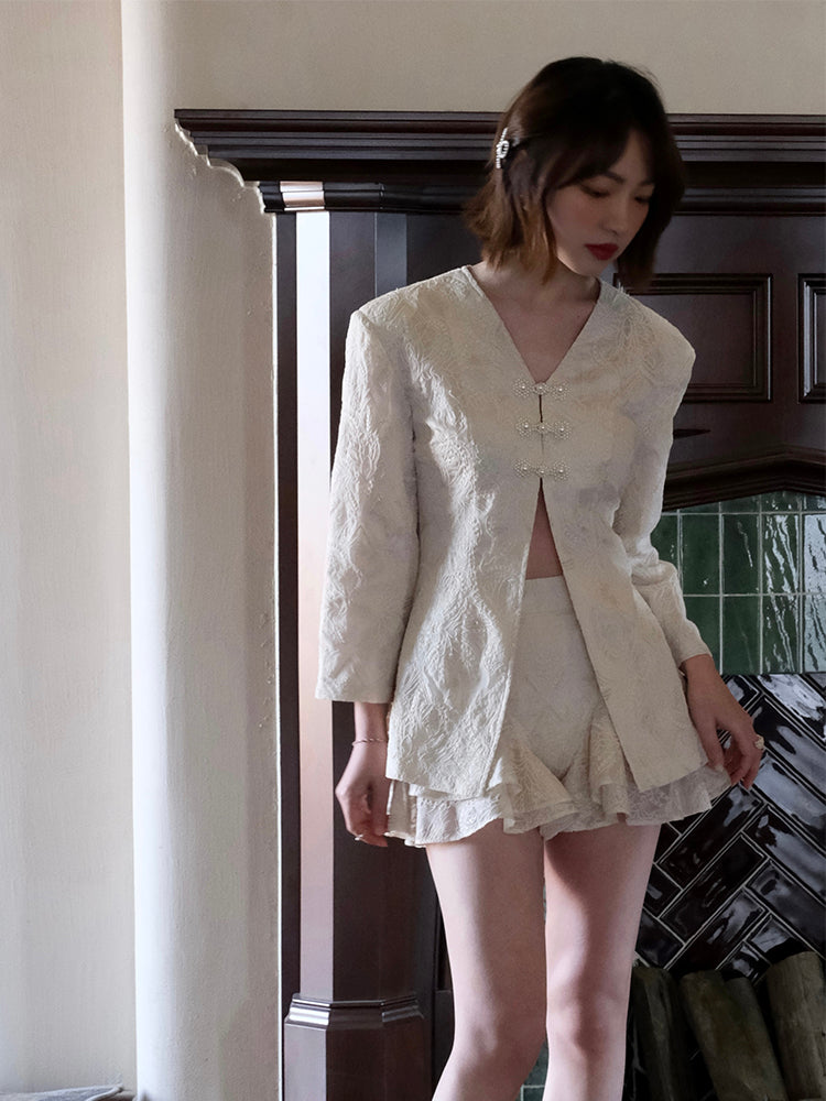 Embroidery Frill Feminine Set Jacket&amp;Short-Pants