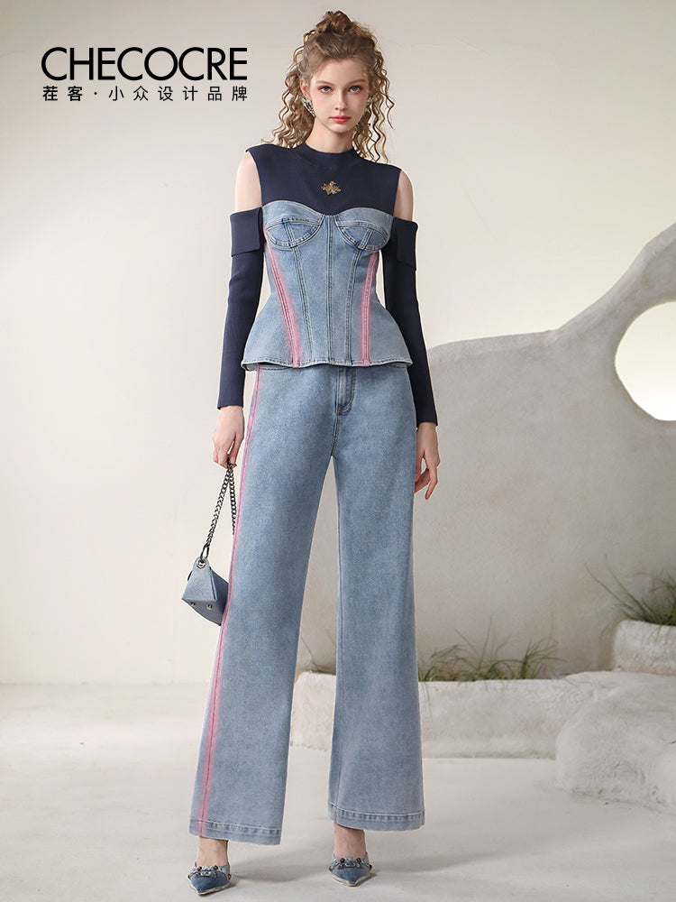 Denim Open-Shoulder Casual Peplum Tops＆Pants