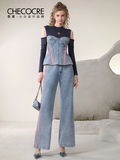 Denim à épaule ouverte et pantalon décontractés décontractés