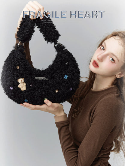 Halbmond flauschig retro süße Bijou-Strass-Bären-Maskottchen Boa-Bag