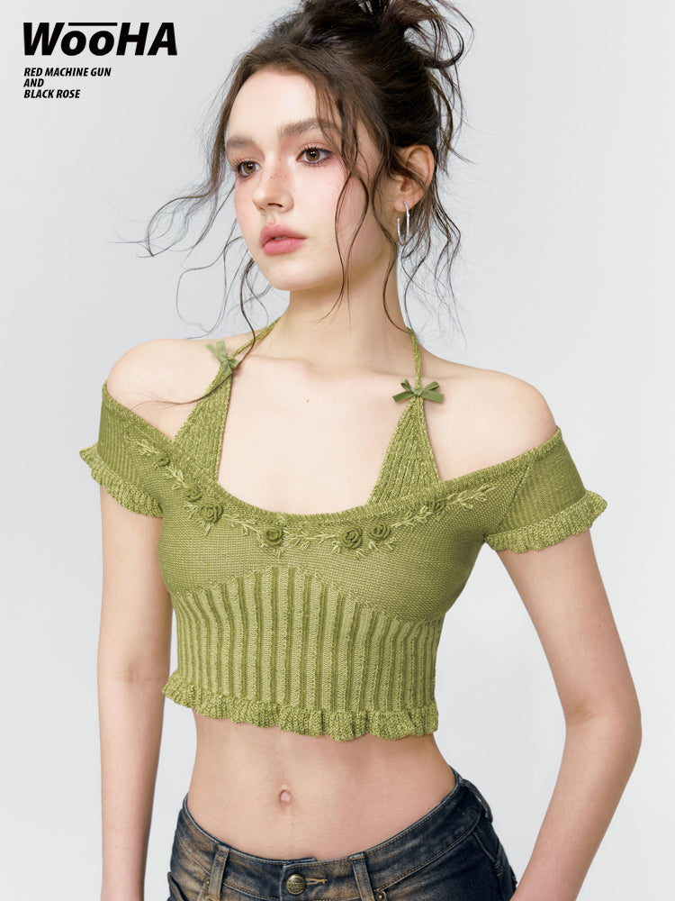 Retro Rose Off-Shoulder Halter-neck Summer-Knit