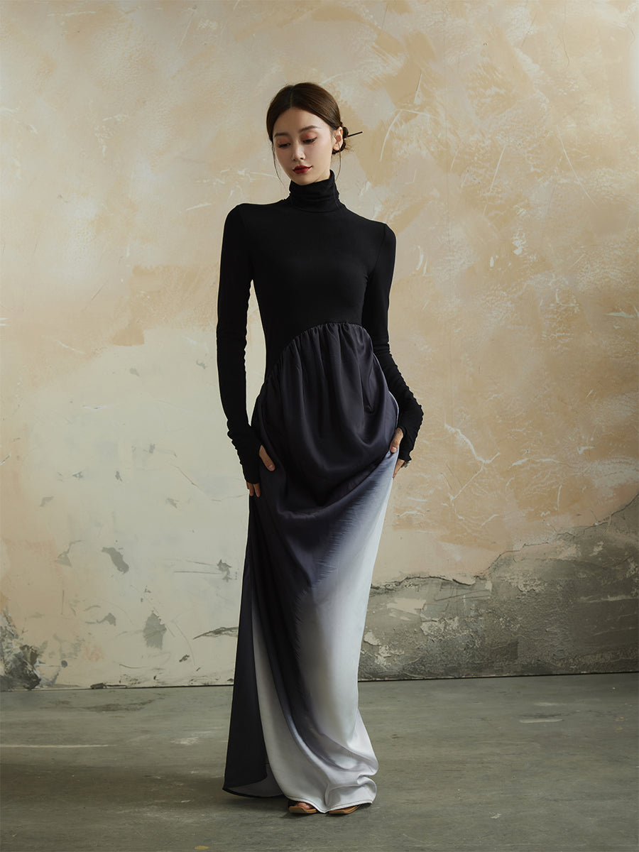 Knit Gradation Drape High-Neck Mix Elegant One-Piece