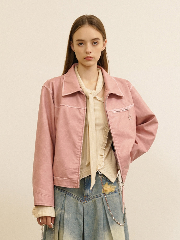 Plain Cute Refreshing  Retro Leather-Jacket