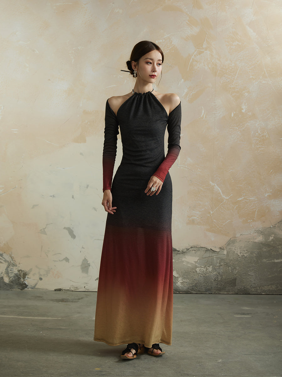 Open-Shoulder Gradation Elegant Knit Long One-Piece