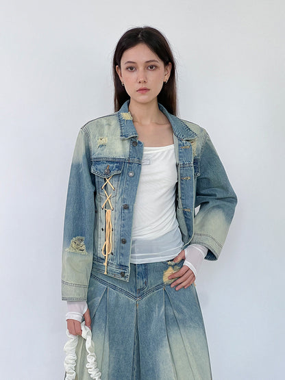 Washed Lace-Up Nichi Vintage Casual Denim-Jacket