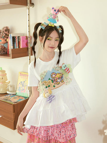 Tiered Frill Lace Window Bear Cute Fancy Flare-T-Shirt