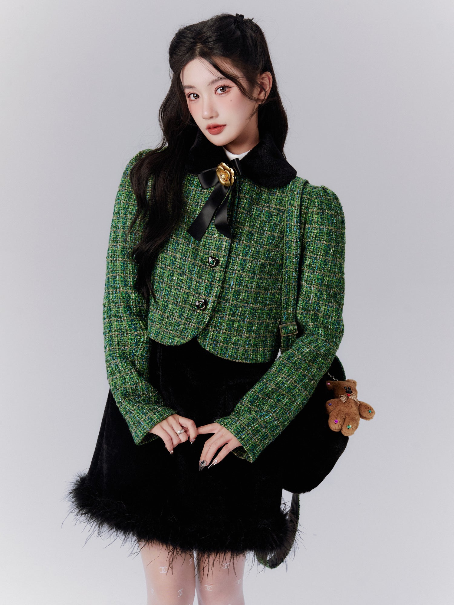 Tweed Ribbon Flower Broach Tweed Classy Short-Jacket