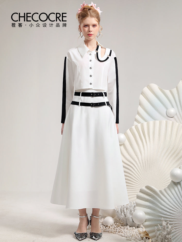 Set-Up Monotone Nichi Asymmetry Open-Shoulder Tops＆Long-Skirt