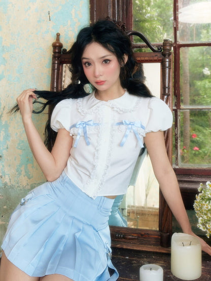 Puff-Sleeve Ribbon Frill Lace Sweet Short Blouse