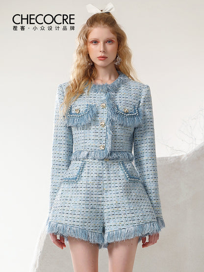 Jacket＆Short-Pants Tweed Tassel Suit Knit Sweet Set-Up