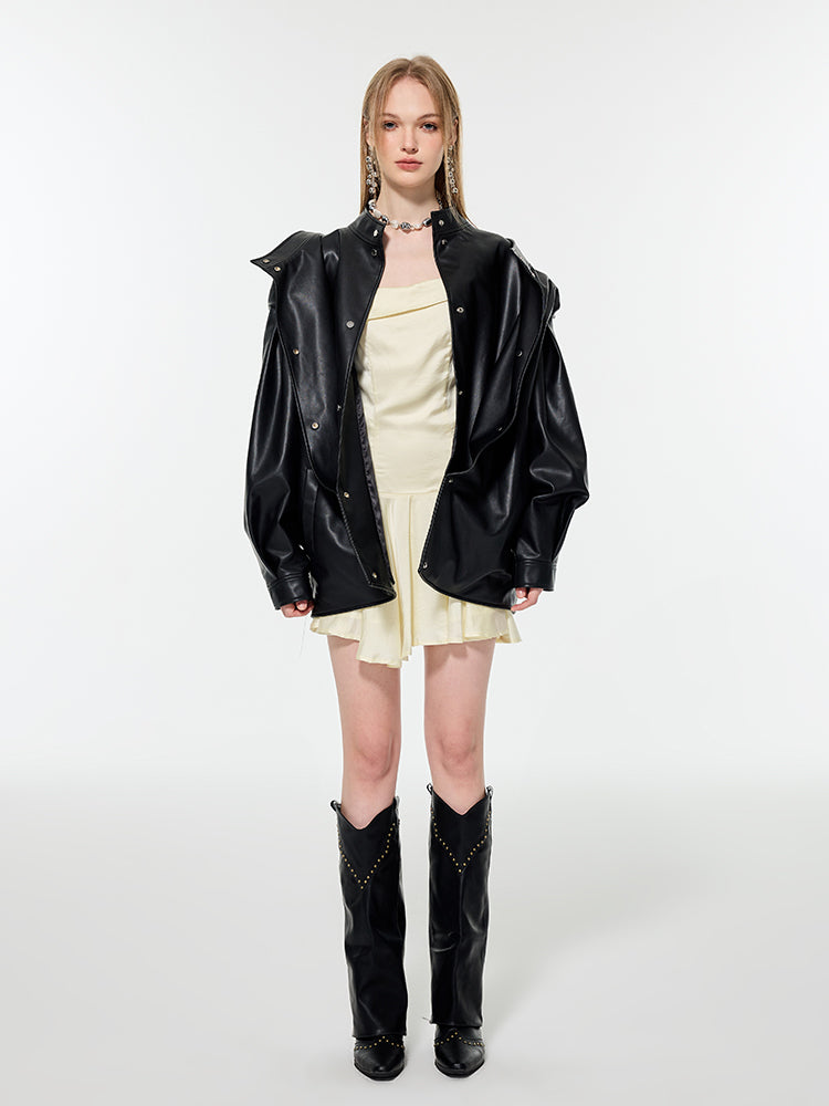 Smooth Middle Cool Simple Oversize Letaher-Jacket