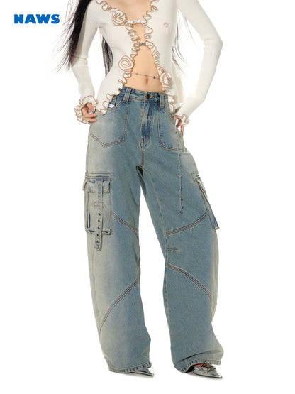 Denim Wide-Leg Straight Casual Side-Pocket Belt Pants