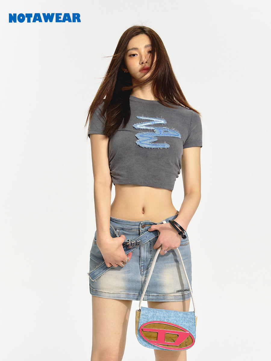 Cropped Casual Crew-Neck Patch Print-T-Shirt