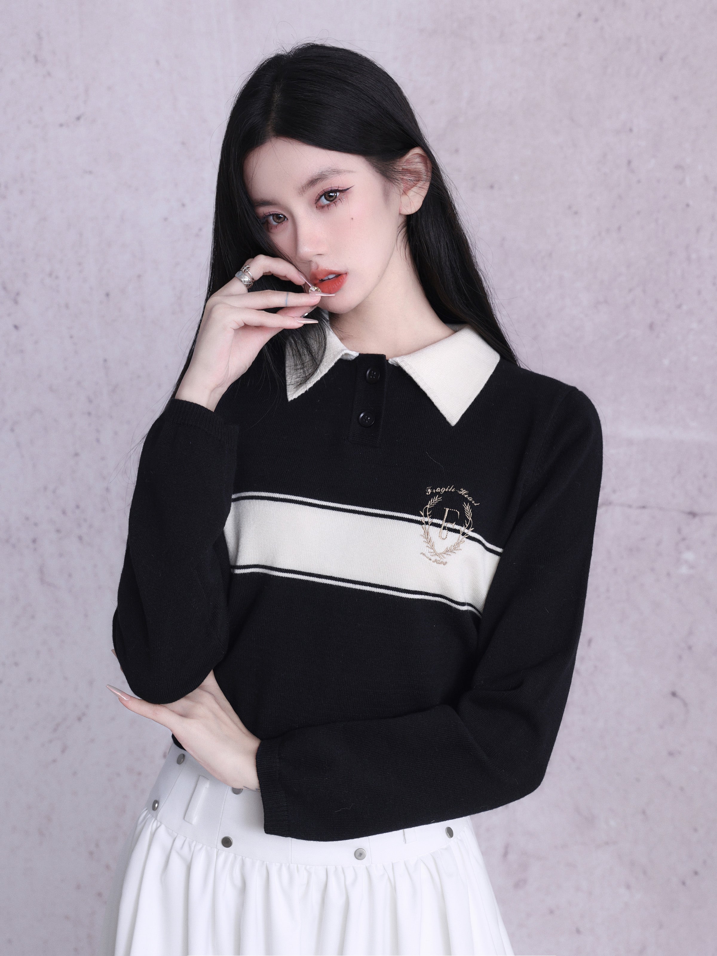 Polo-Neck Retro Monotone Knit&amp;Long-Skirt