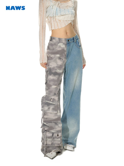 Mix Denim Unique Half-Design Cargo-Pants Wide-Pants