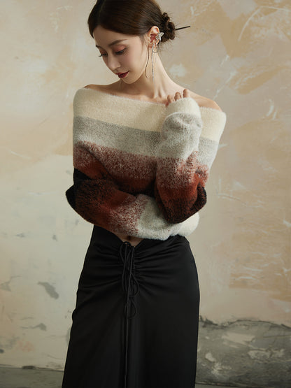 Off-Shoulder Gradation Fluffily Retro Knit