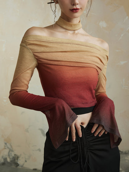 Flare-Sleeve Off-Shoulder Gradation Drape Elegant Tops