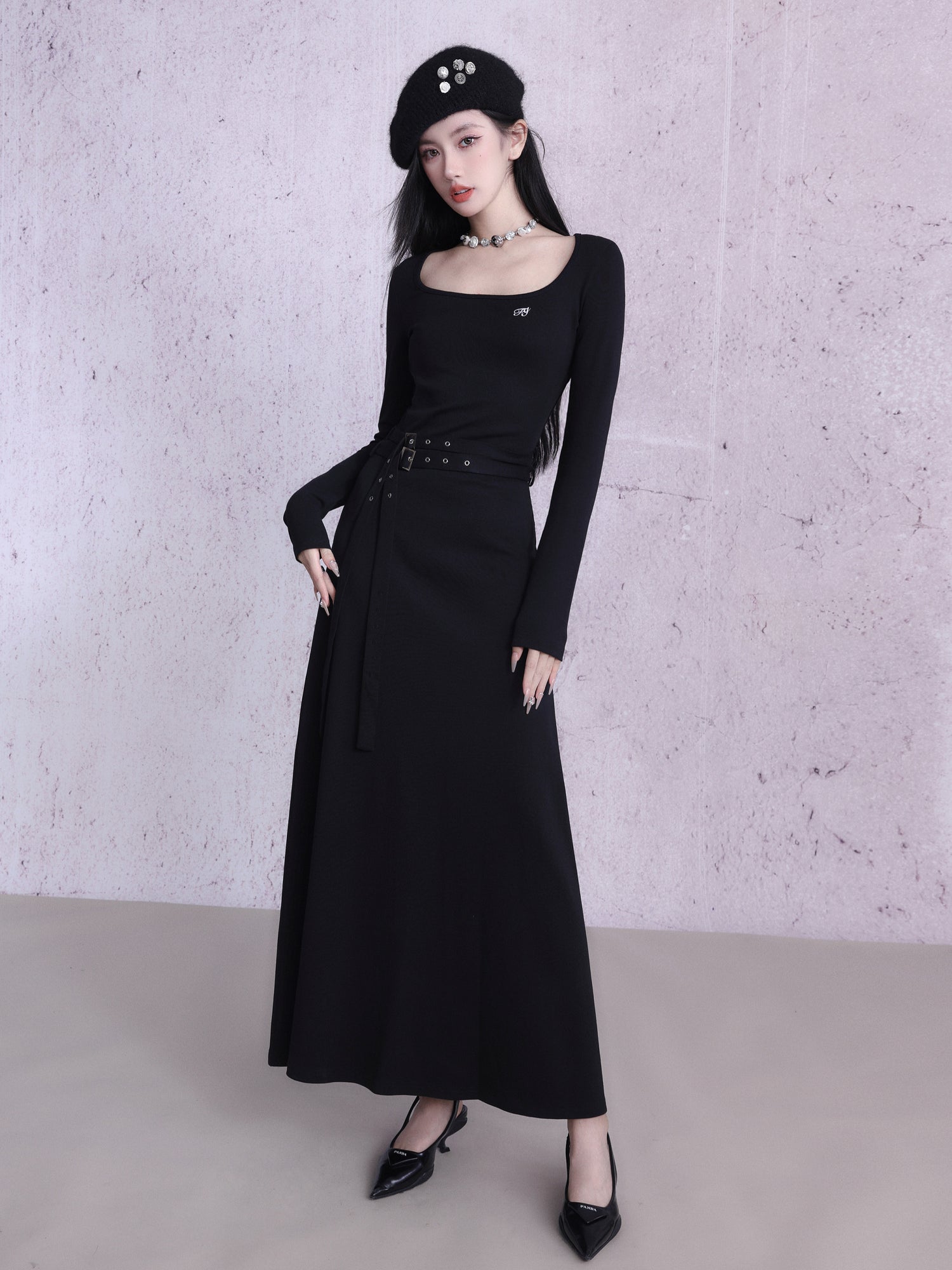 Long Belt Stretch Knit One-Piece