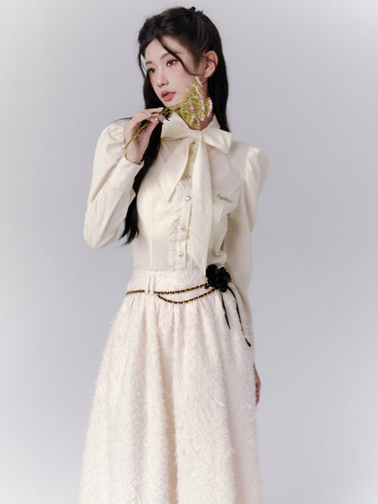 Embroidery Ribbon-Tie Wing Flare Set-Up Classy Blouse＆Long-Skirt