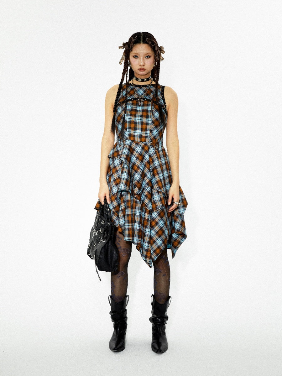 Checked Asymmetry Hem-Skirt Fluffiy One-Piece