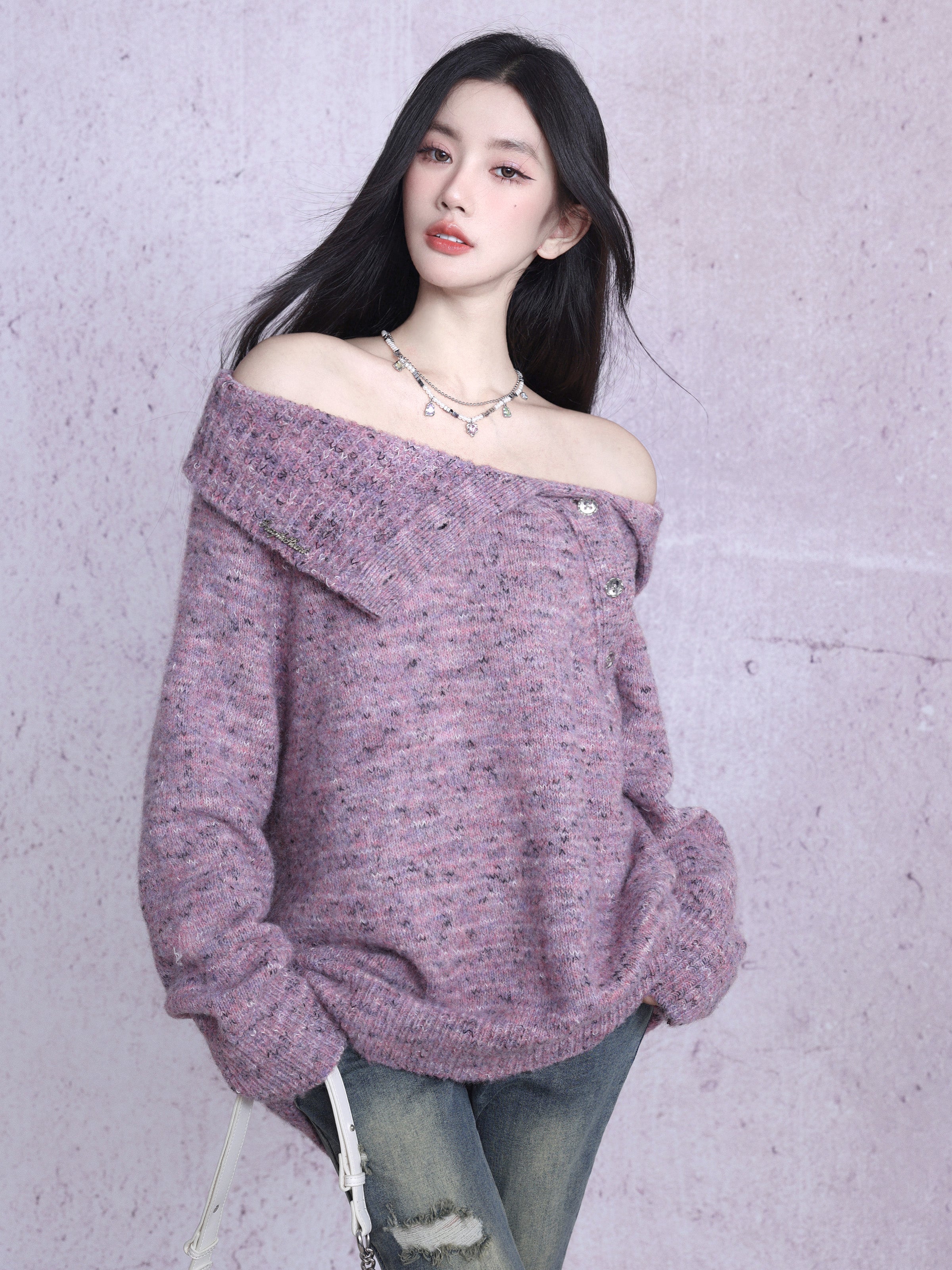 Asymmetry Wrap Open-Shoulder Oversize Knit