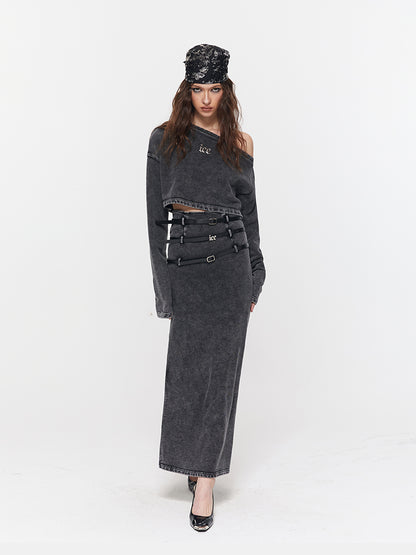 Denim One-Shoulder Belt Casual Tops＆Long-Skirt