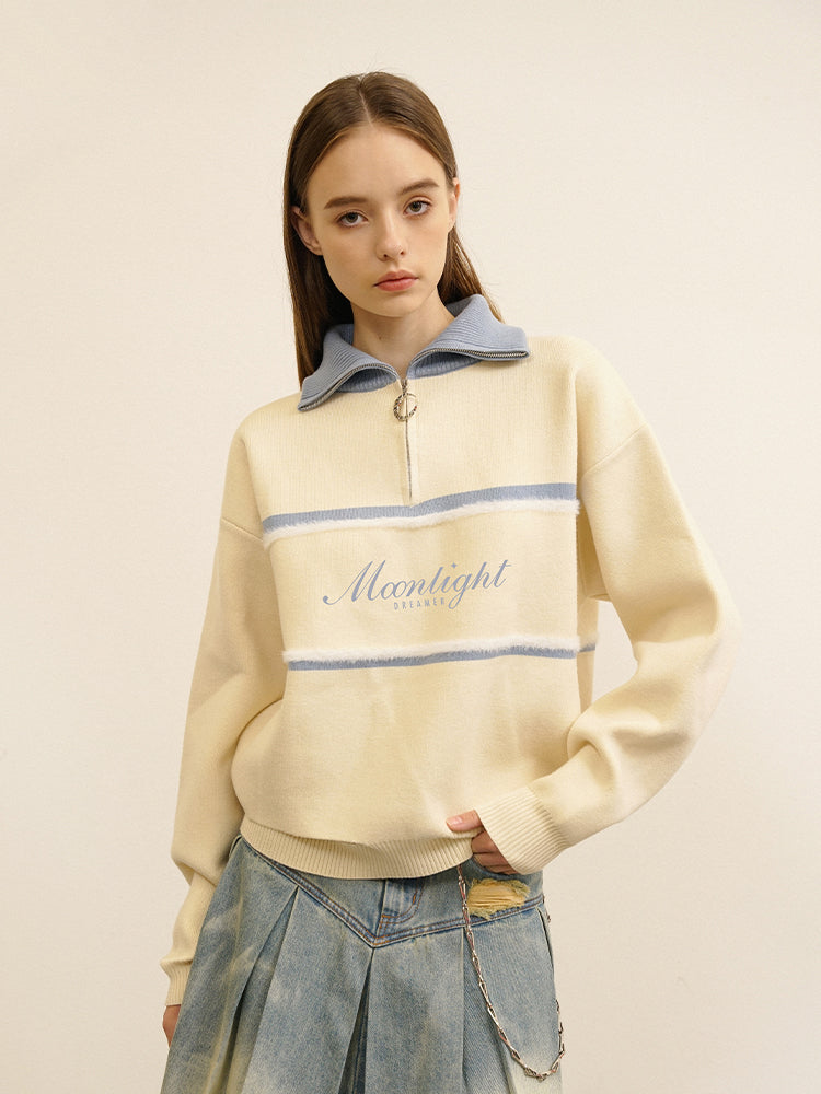 Embroidery Polo-Neck Retro Half-Zip Border-Line Knit