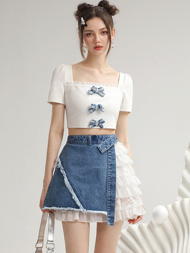 Set-Up Ribbon Lace Tiered Cake Casual Short-Tops＆Mini-Skirt