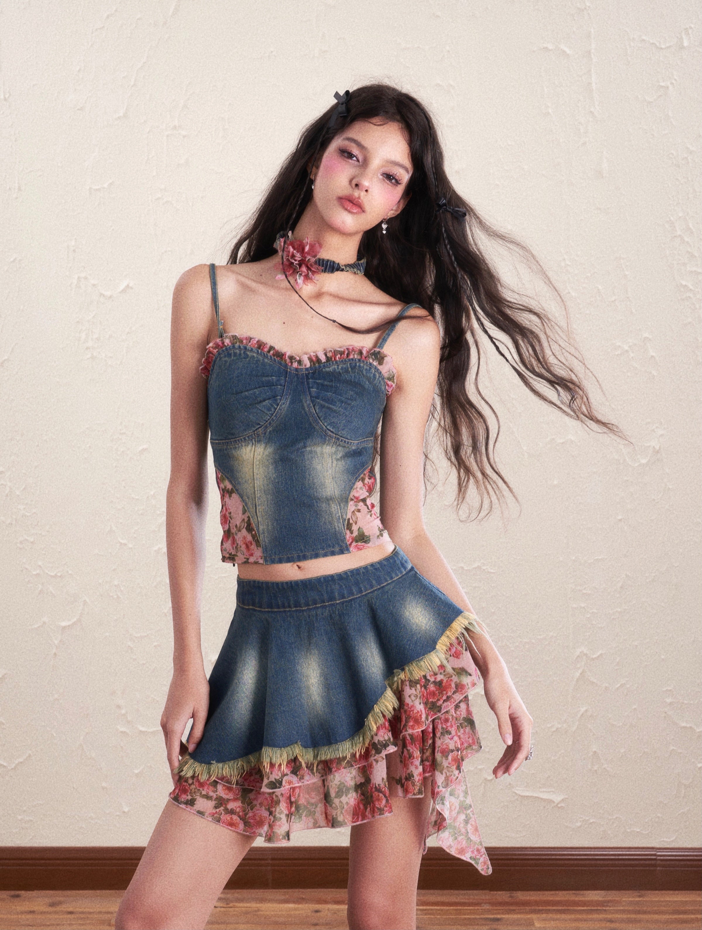 Denim Flower Mix Asymmetry Ciffon Feminine Tops&amp;Mini-Skirt