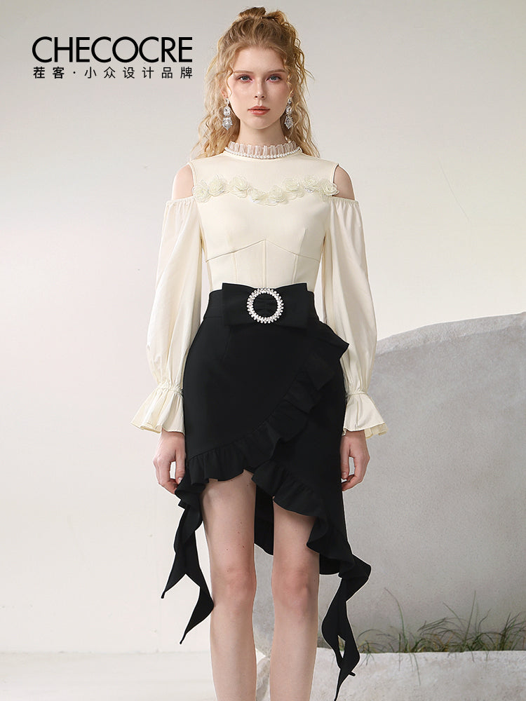 Asymemtry Open-Shoulder Chic Ruffle Candy-Sleeve Blouse＆Skirt