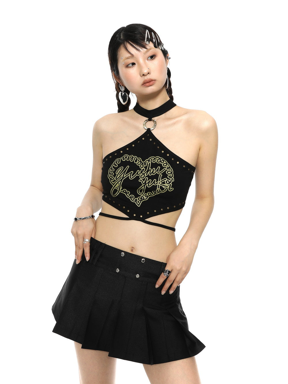 Strap Print Punk Studs Tops