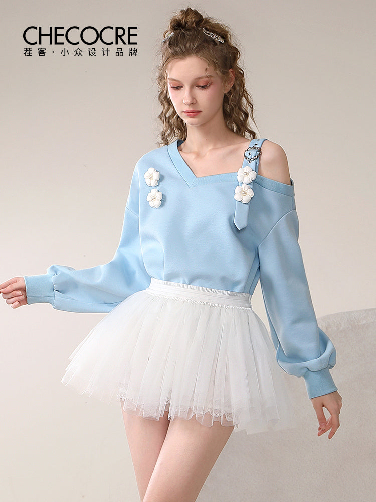 Set-up Sweat Opne-Shoulder Rose Belt Cute Pullover＆Tulle-Skirt