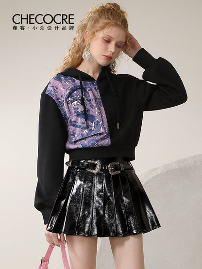 Leather Glossy Short Flare High-Waist Pleats-Skirt