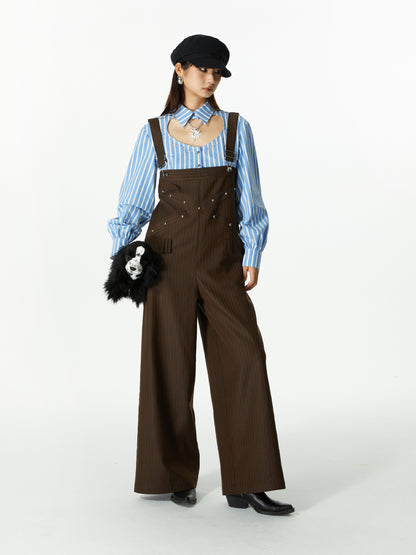 Wide-Pants Loose Casual Stripe Overall