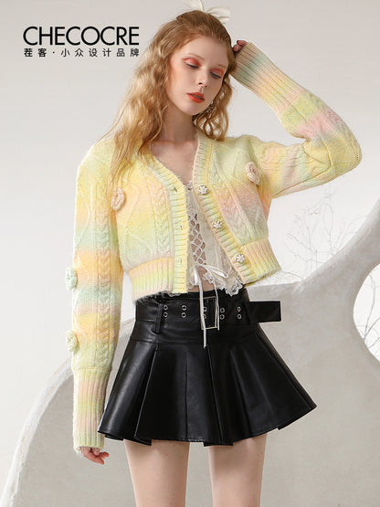 Flower V-Neck Gradation Fancy Pale-Tone Cotton-Candy Knit Short-Cardigan