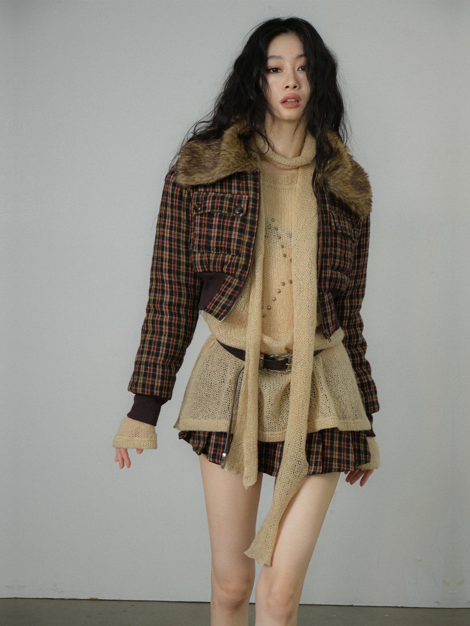 Fur Checked Letaher Short Retro Jacket