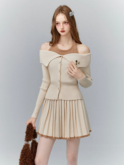 Rib-Knit Open-Shoulder Layered Cute Retro Tops＆Mini-Skirt＆Bag