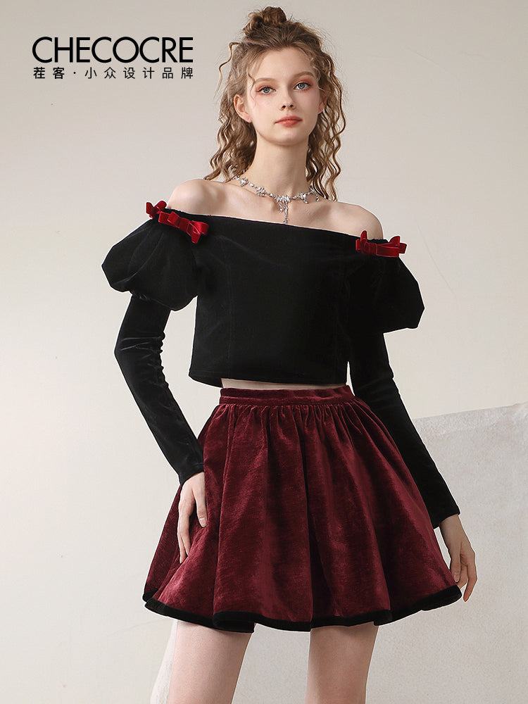 Puff-Sleeve Of-Shoulder Balloon Contrast Ribbon Blouse＆Mini-Skirt