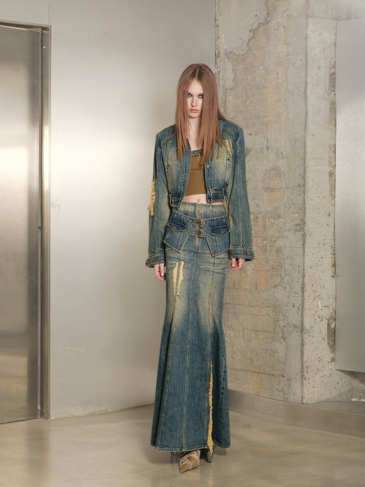 Set-Up Denim Washed Casual Mermaid Jacket＆Long-Skirt