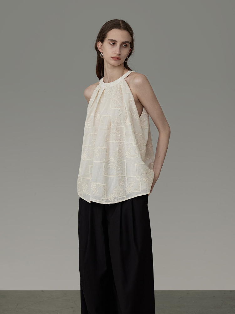 Embroidery Flower Flare Classy Sleeveless Blouse