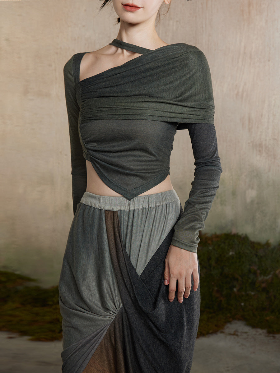 One-Shoulder Asymmetry Nichi Plain Cropped Knit