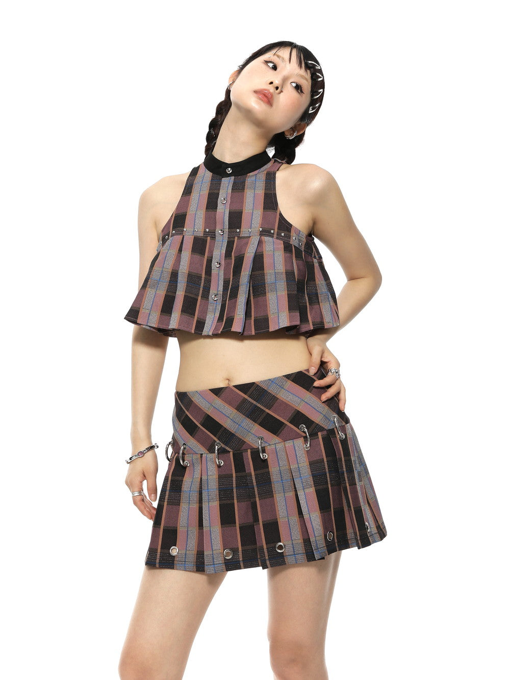 Checked Falten Flare Sleevesss Cropped Tops