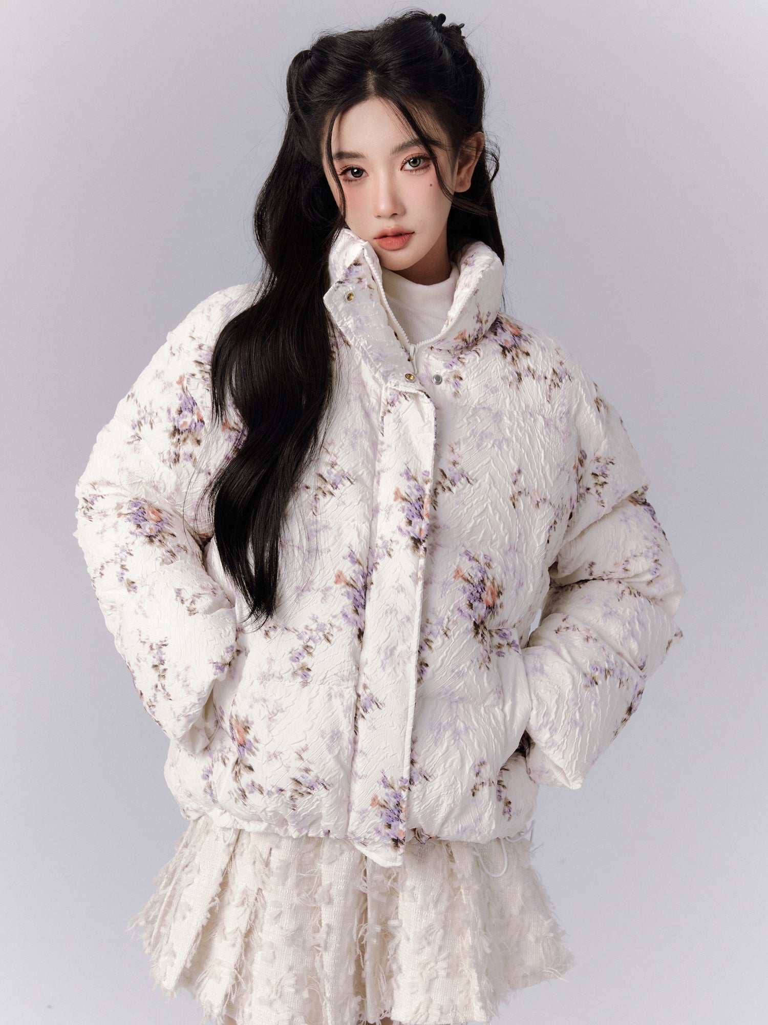 Flower Stand-Collar Cotton Pleats Embroidery Down-Jacket＆Mini-Skirt