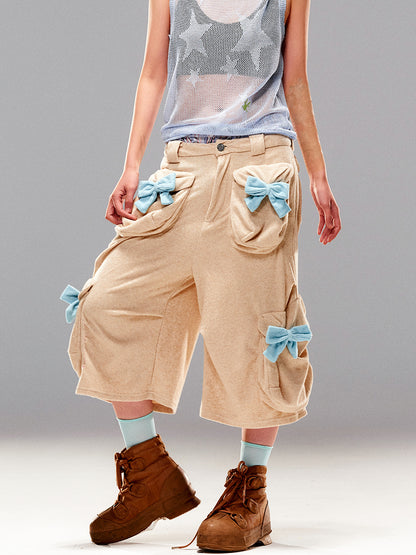 Ribbon Loose Multi-Pocket Half-Pants Wide-Pants