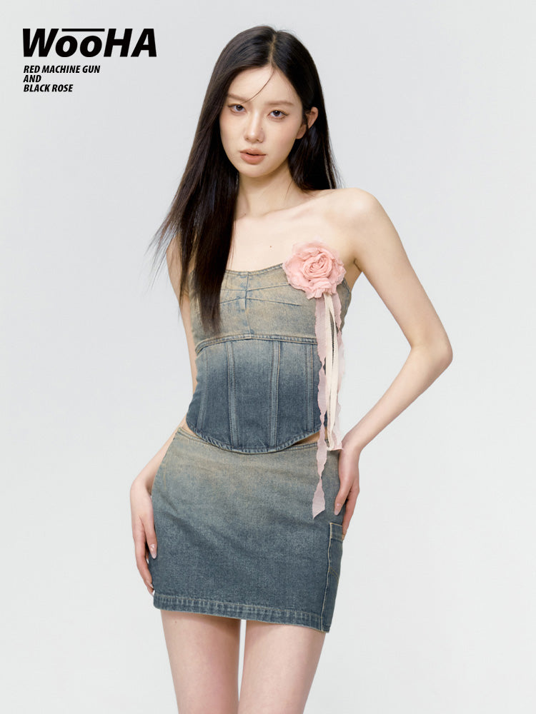 Gradation Tight Denim Mini-Skirt&amp;Camisole