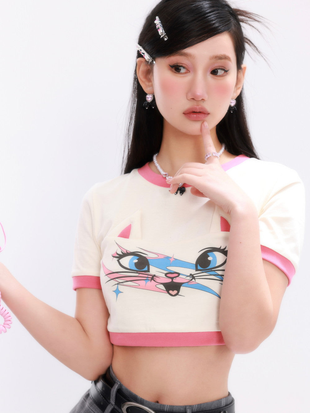 Cat-Ear Cropped Casual einzigartiges T-Shirt