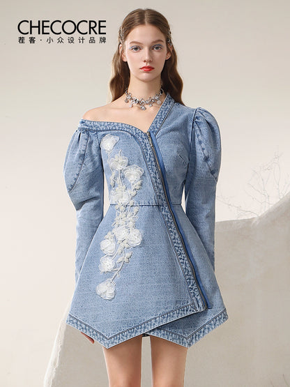 Asymmetry Wrap Zip Unique Denim Lace Ciffon Flower Flare One-Piece